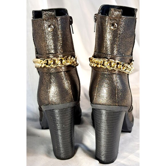 GUESS GGGreedy Women’s 7M Ankle Booties Block Heel Gold Metallic Chain - Picture 4 of 13